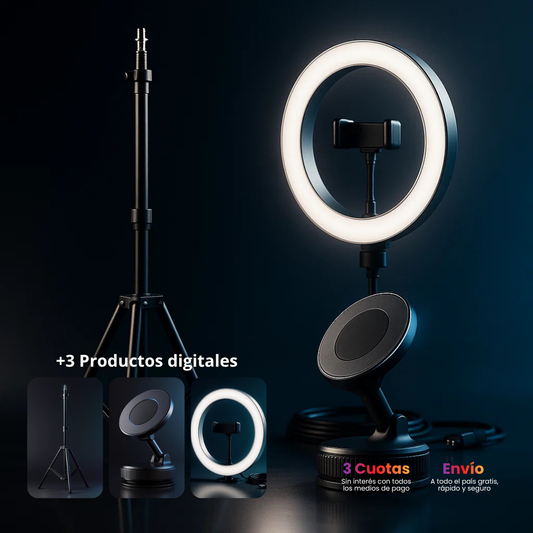 Mega Kit Creador de Contenido: Soporte Premium + Aro de Luz 26cm + Trípode 2Mts + Combo Contenido Viral (6 Productos)