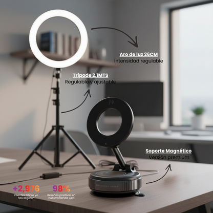 Mega Kit Creador de Contenido: Soporte Premium + Aro de Luz 26cm + Trípode 2Mts + Combo Contenido Viral (6 Productos)